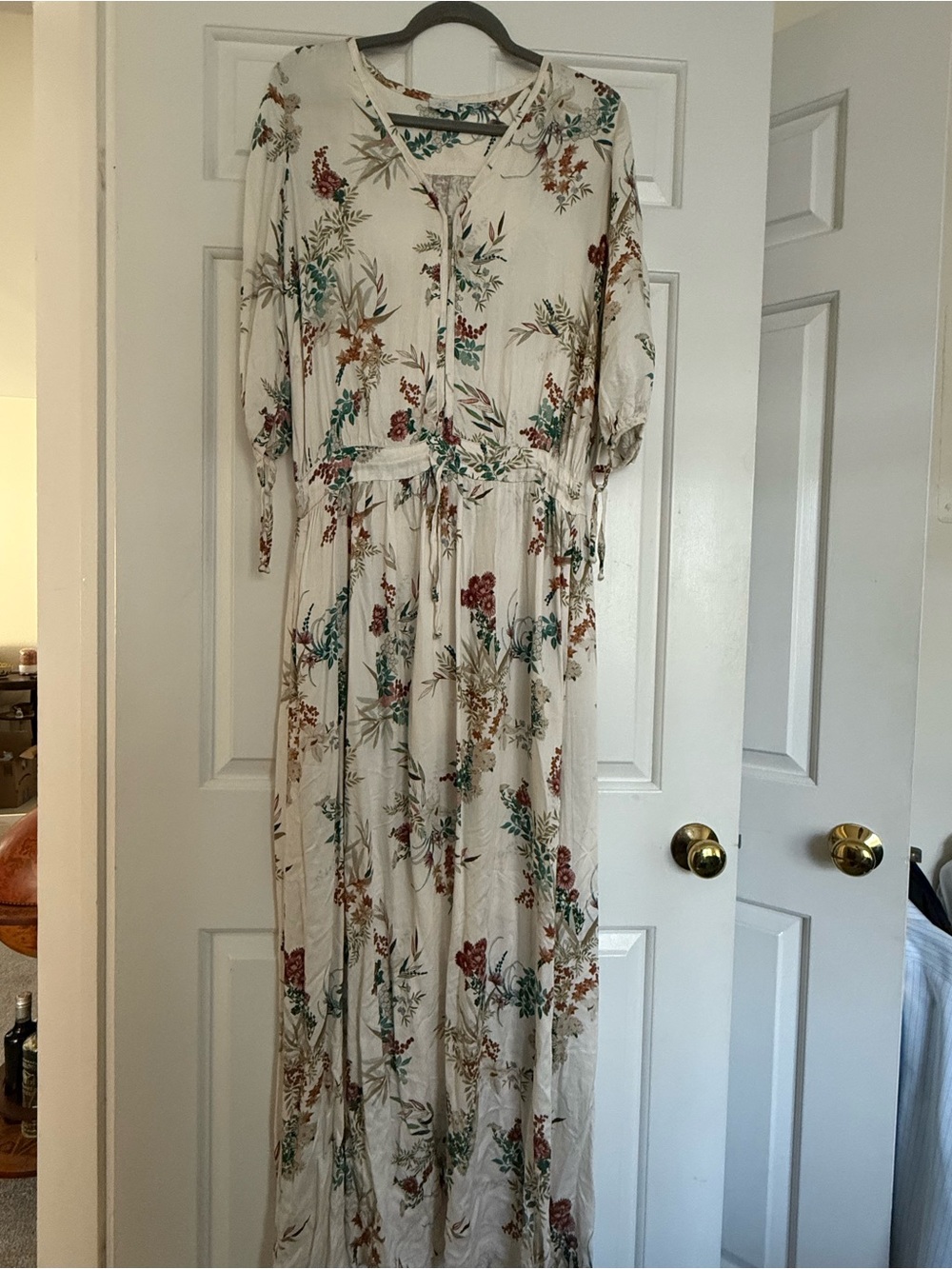 Cream Floral Maxi Dress with Drawstring Waist - Picture 1 of 4